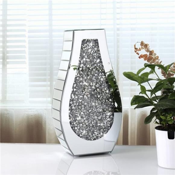 Flower Vase Crushed Diamond Mirrored Vase Crystal Silver Glass Decorative Vase - Picture 2 of 6
